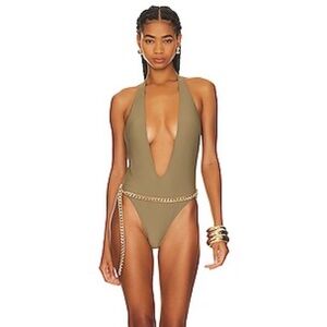 YEVRAH SWIM Positano V Neck One Piece in Taupe